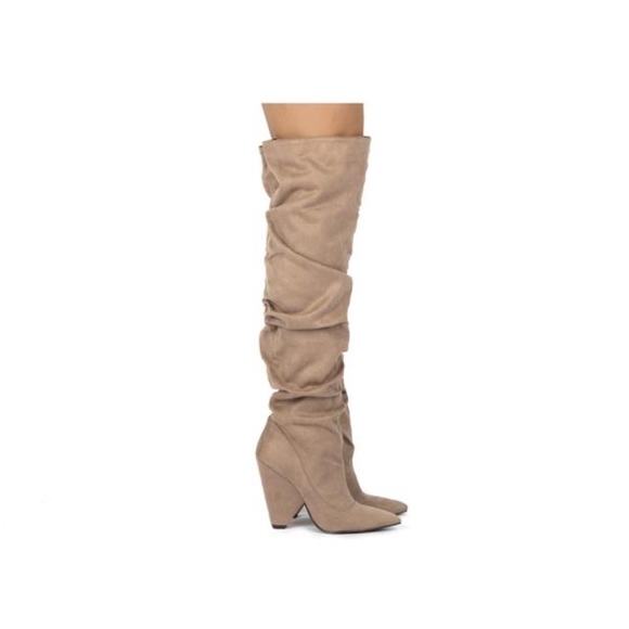 BRAND NEW TAN BROWN SLOUCHY OVER THE KNEE HIGH CONE HEEL BOOTS SUEDE LOOK SZ 10 - Picture 4 of 5